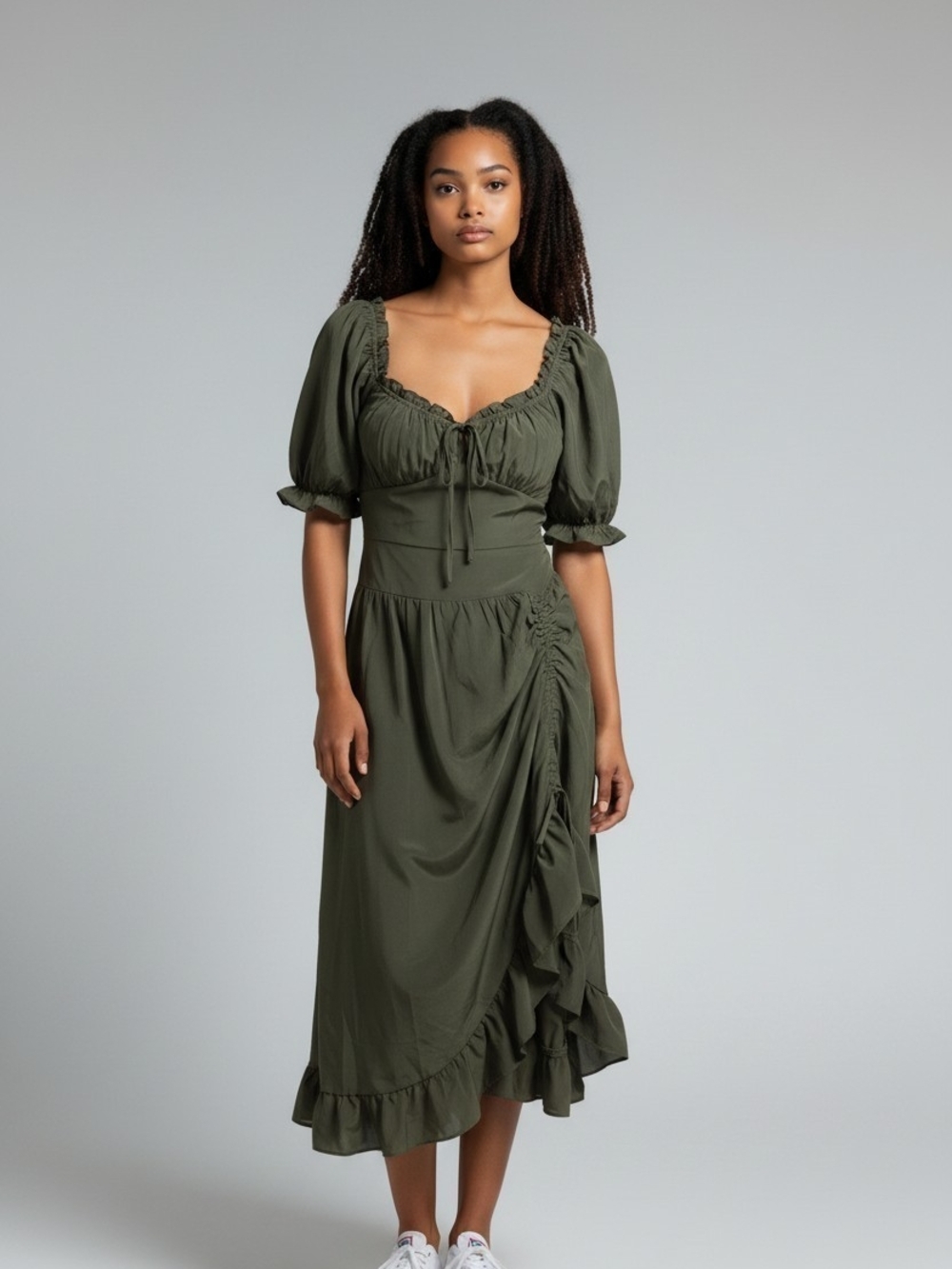Sacrlet Darknesd Olive Puff-Sleeve Midi Dress with Ruching